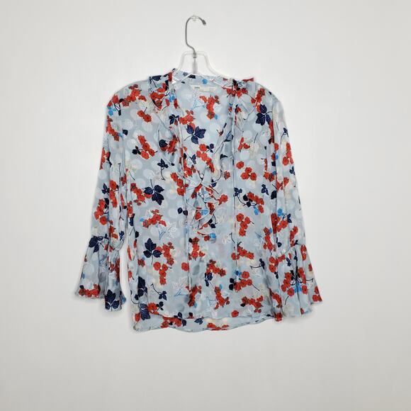 Zara Keyhole Neck Ruffle Trim Blouse Blue Floral Long Sleeve XS - Picture 8 of 10